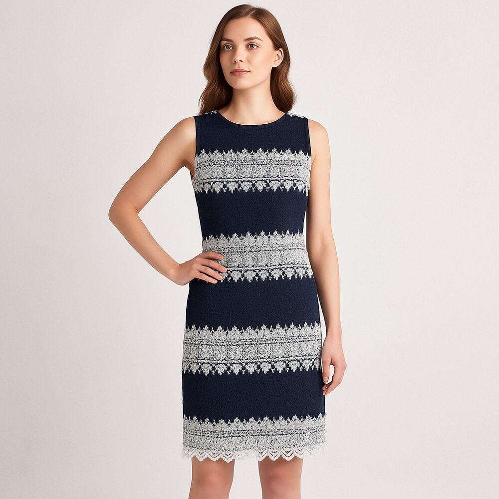 Karl Lagerfeld Paris Navy White Lace Sheath Dress Size 6 Cocktail Evening